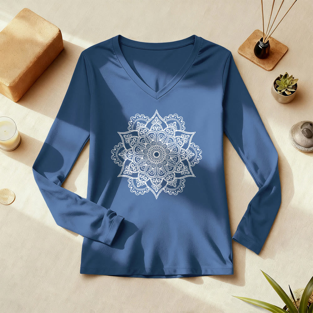 Olivenorma Colorful Lotus Elephant Printed Long Sleeve V-Neck T-Shirt - image 1