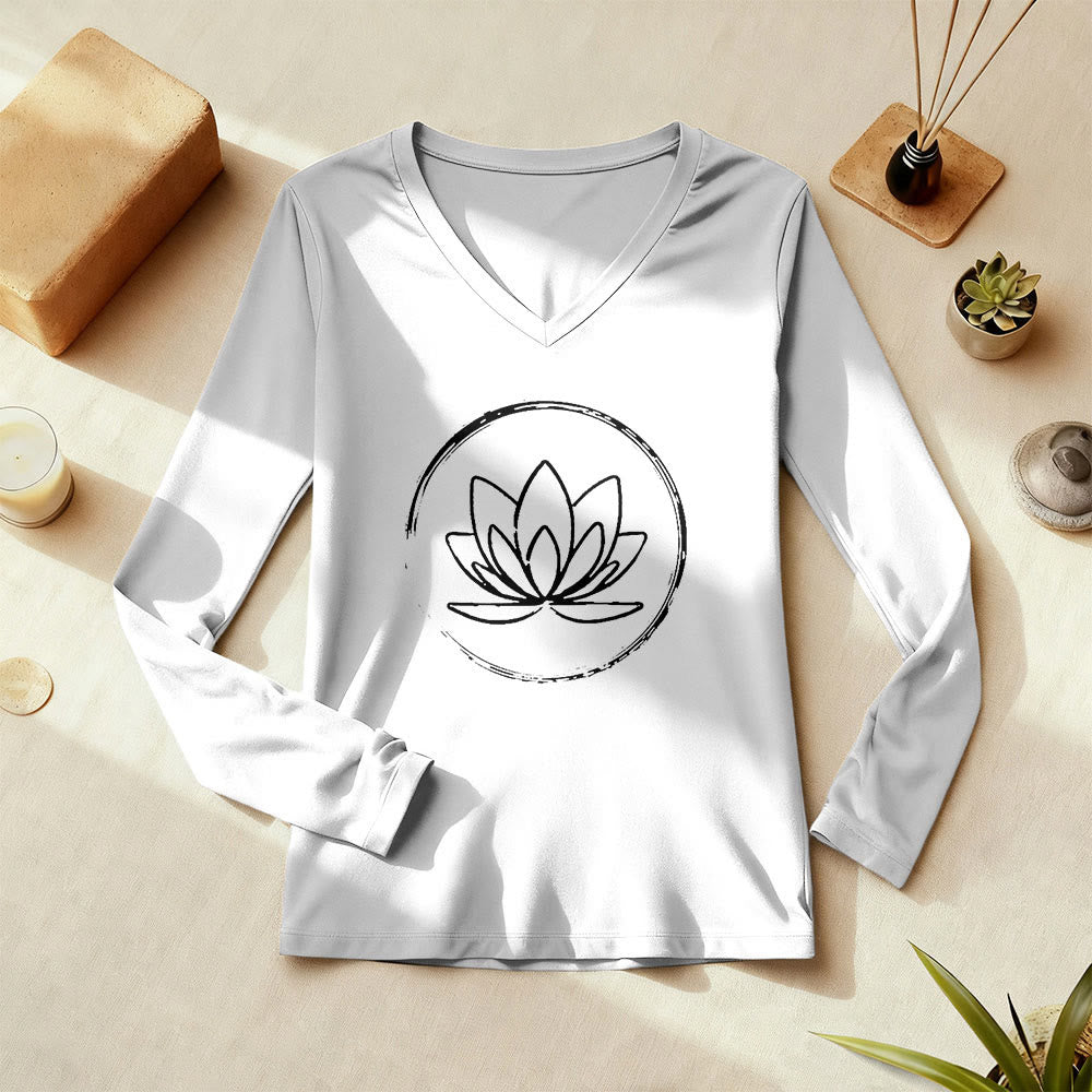 Olivenorma Boho Lotus Flower Long Sleeve V-Neck T-Shirt - image 1