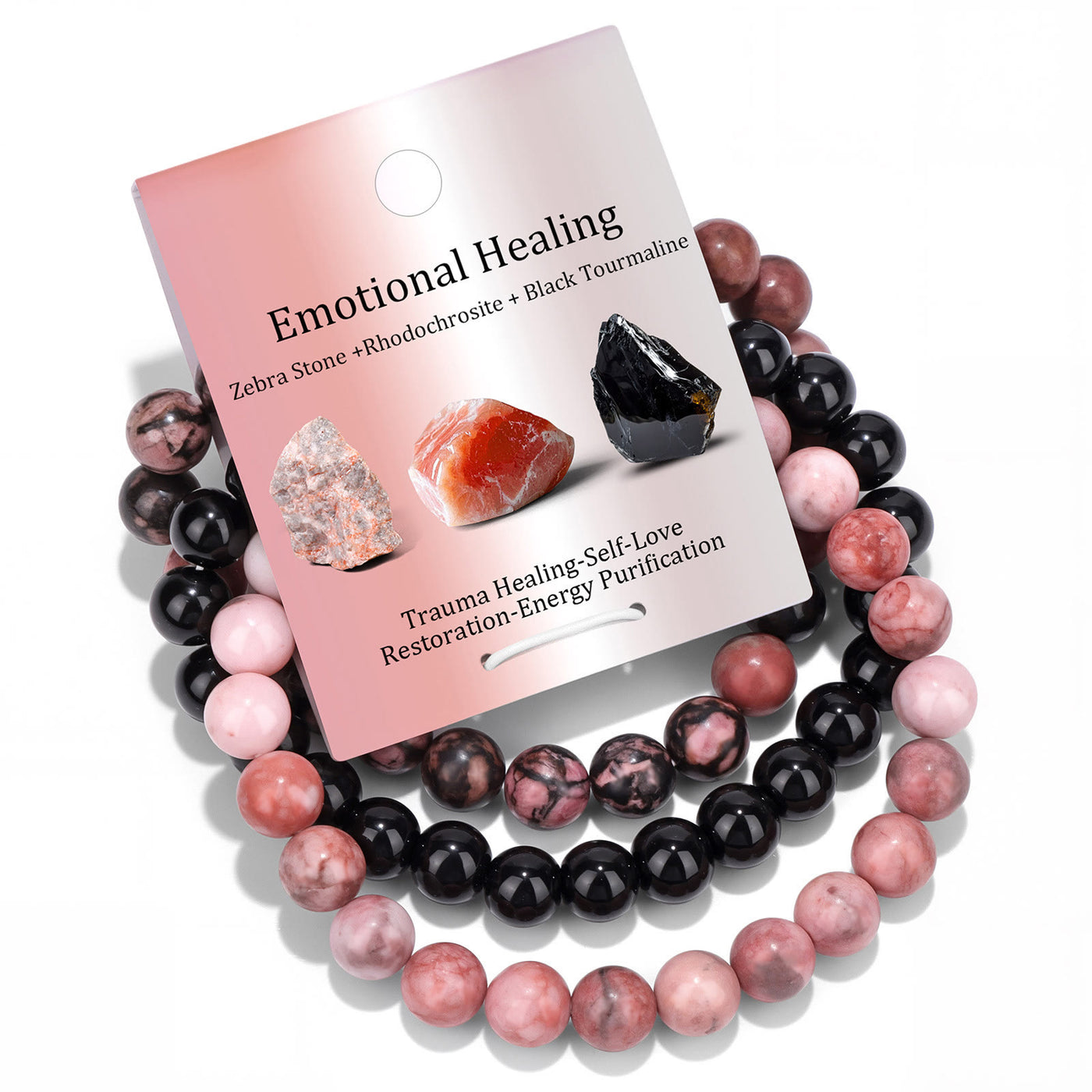 Olivenorma Natural Stone Beaded Healing Bracelet Set - Zebra Stone&Rhodochrosite&Black Tourmaline - image 0