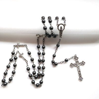 Olivenorma Hematite Jesus Medal Cross Rosary Necklace