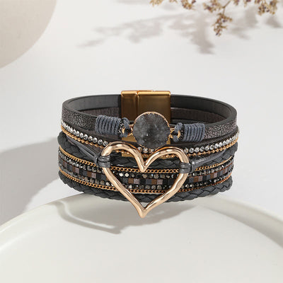 Olivenorma Multicolor Crystal Cluster Metallic Heart Braided Leather Bracelet