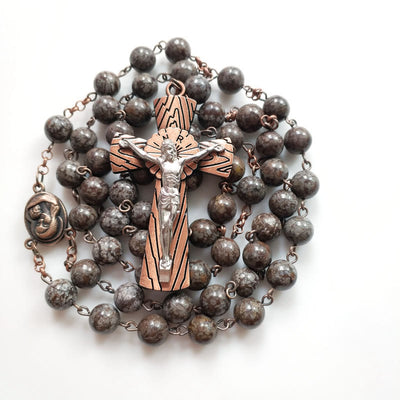 Olivenorma Snowflake Obsidian Jesus Cross Rosary Necklace