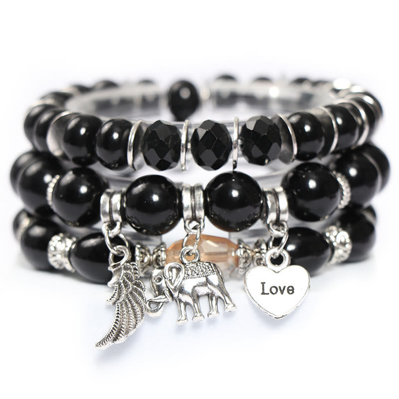 Olivenorma Elephant Wings Heart Pendant Beaded Bracelet Set