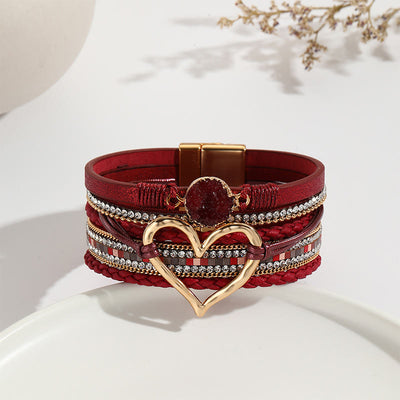 Olivenorma Multicolor Crystal Cluster Metallic Heart Braided Leather Bracelet