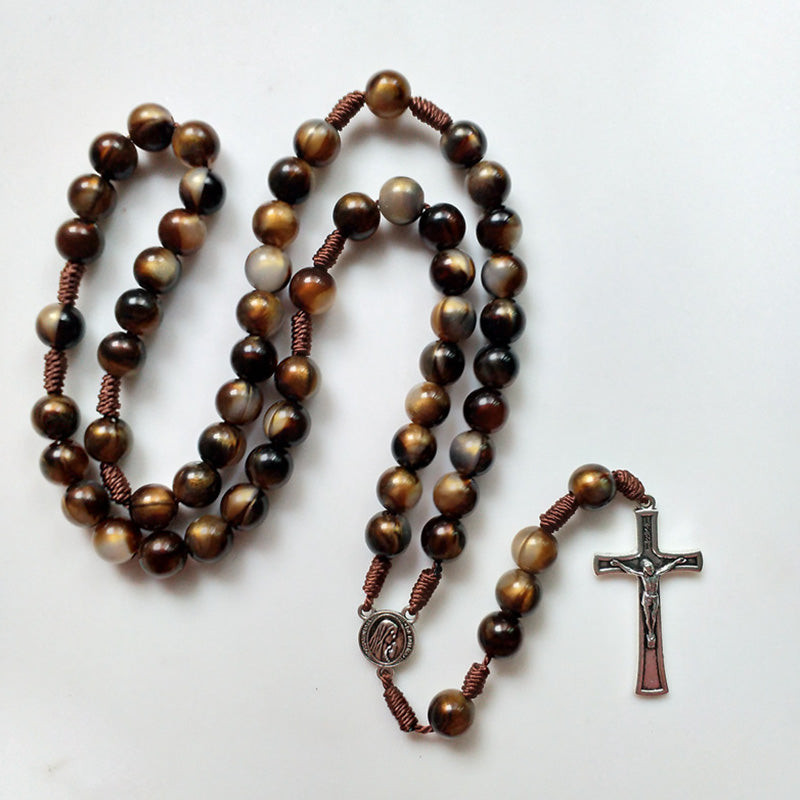 Olivenorma 10mm Agate Beads Jesus Cross Pendant Rosary Necklace - image 5