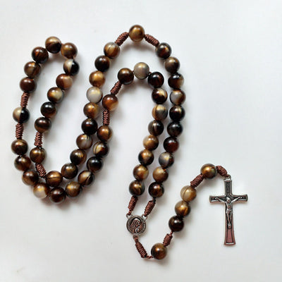 Olivenorma 10mm Agate Beads Jesus Cross Pendant Rosary Necklace - image 5
