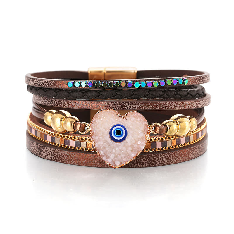 Olivenorma "Triple Protection" Heart Crystal Gold Bead Evil Eye Bracelet