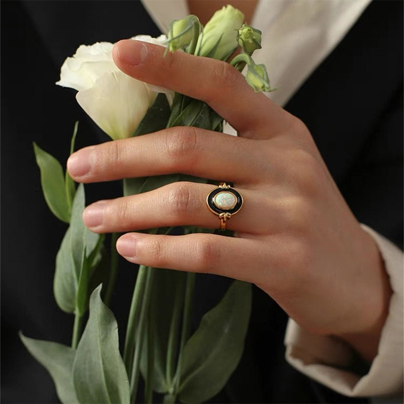 Olivenorma Dainty Opal Black Epoxy Vintage Ring