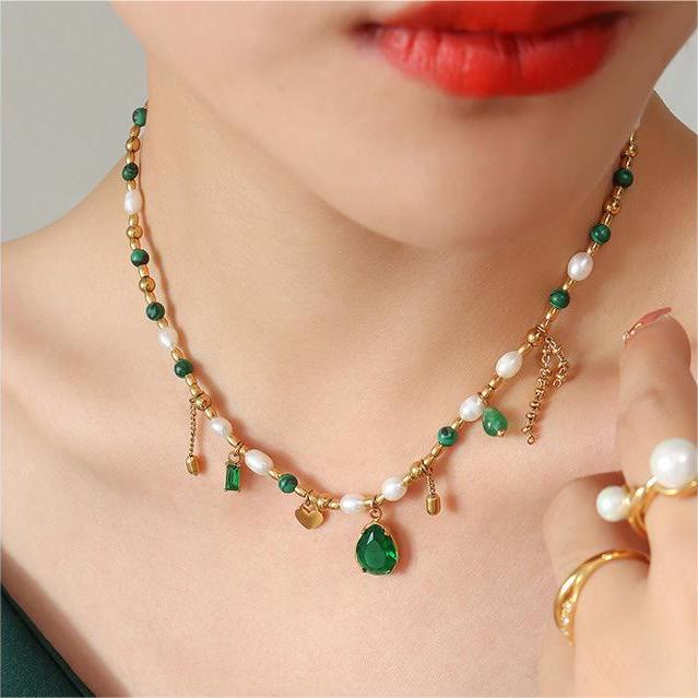 Olivenorma Emerald Pearl Beaded Non Fading Gold Necklace