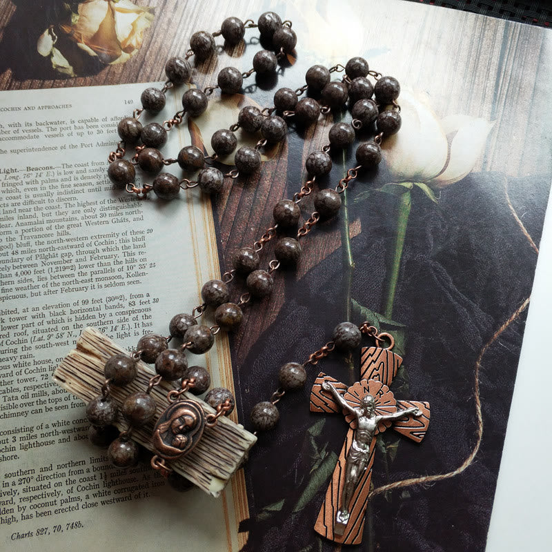 Olivenorma Snowflake Obsidian Jesus Cross Rosary Necklace