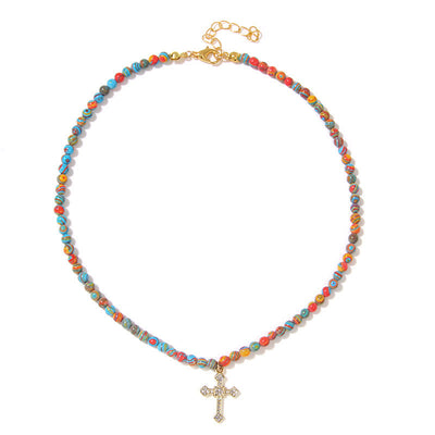 Olivenorma 4mm Natural Stone Cross Pendant Bead Necklace