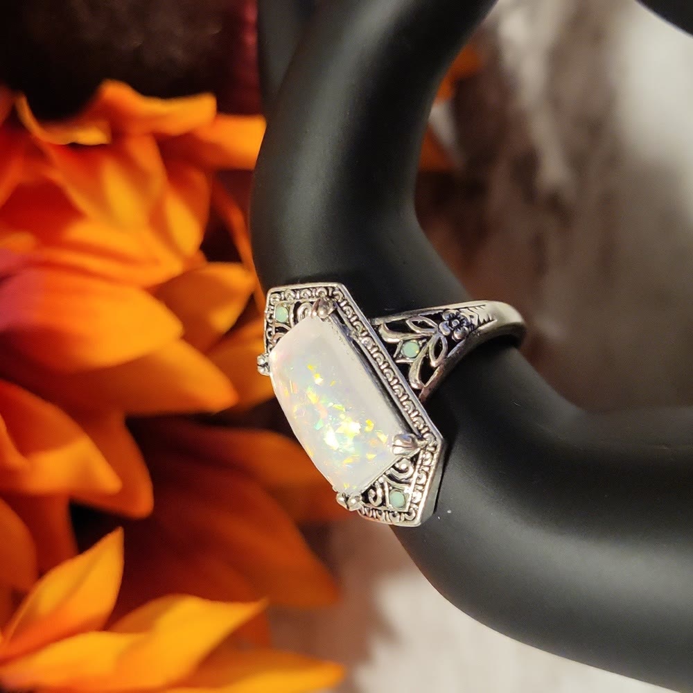 Olivenorma Square White Opal Antique Silver Ring