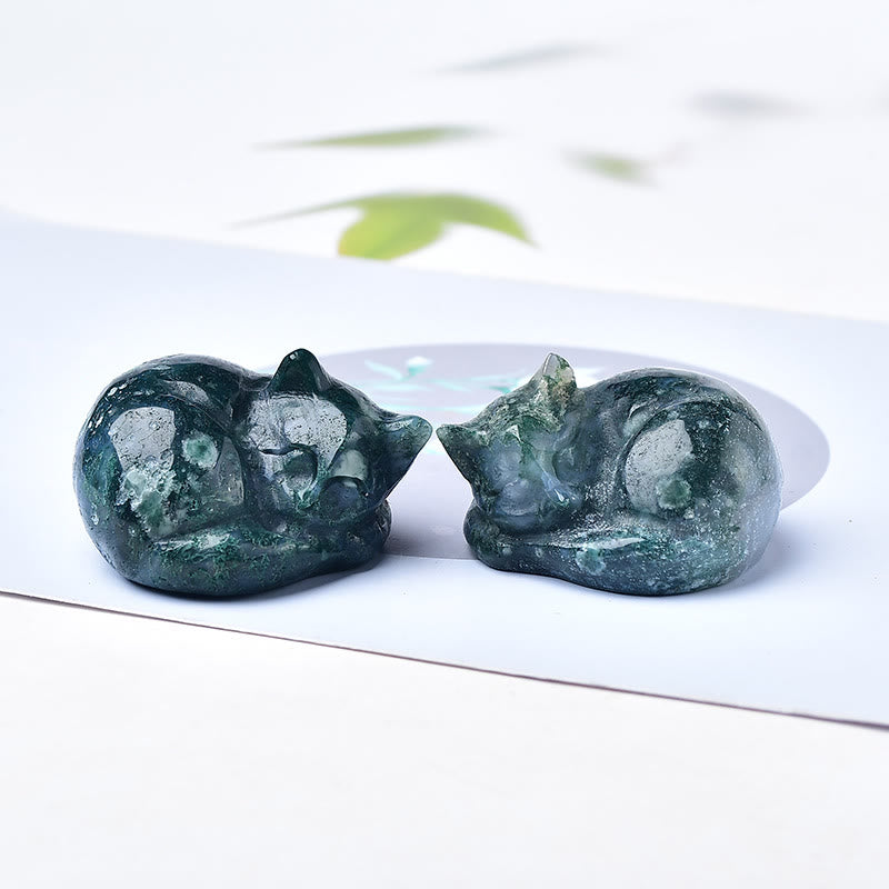 Olivenorma Moss Agate Sleeping Cat Carving Gemstone Decoration