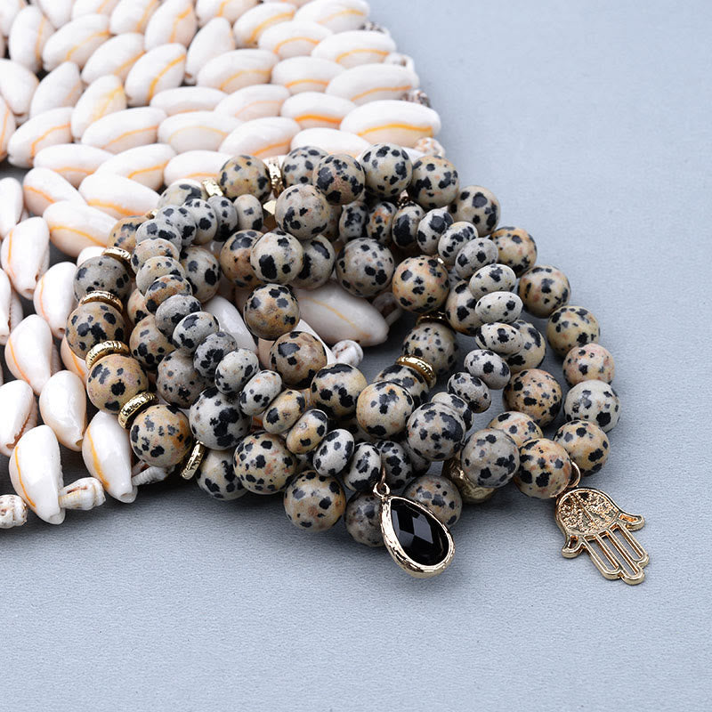 Olivenorma Natural Dalmatian Jasper Obsidian Hamsa Pendant Bracelet