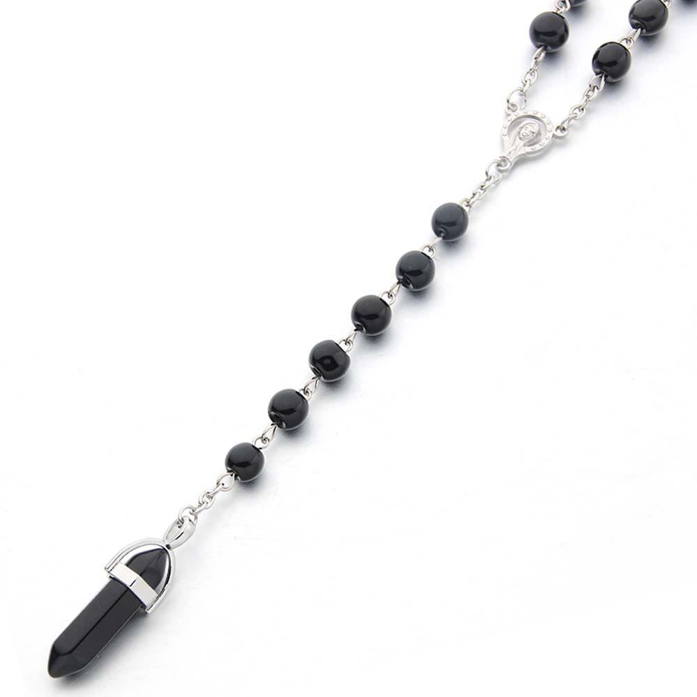 Olivenorma Obsidian Christianity Crystal Hexagon Pendant Rosary Necklace