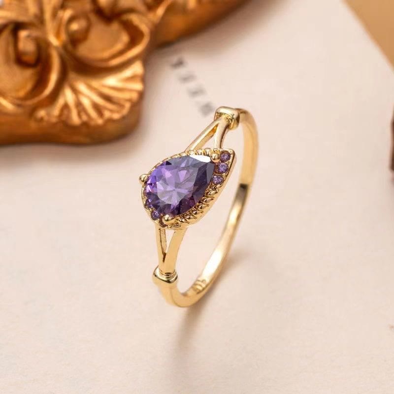 Olivenorma Amethyst White Zircon Water Drop Open Adjustable Ring