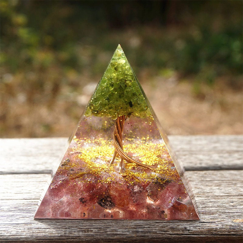 Olivenorma Tree of Life Peridot and Strawberry Quartz Orgone Pyramid