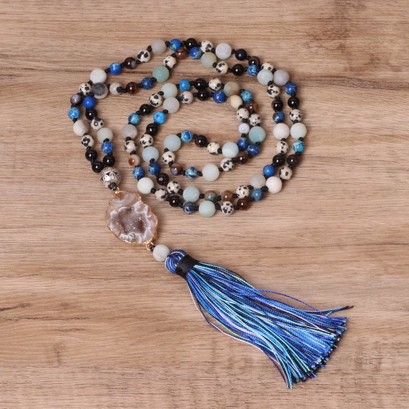 Olivenorma Amazonite Beaded Necklace Tassel Agate Pendant Mala Necklace