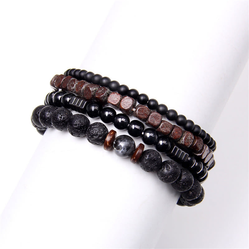 Olivenorma "Strength Of Nature"  Volcanic Stone & Hematite 4 Pieces Set Bracelet