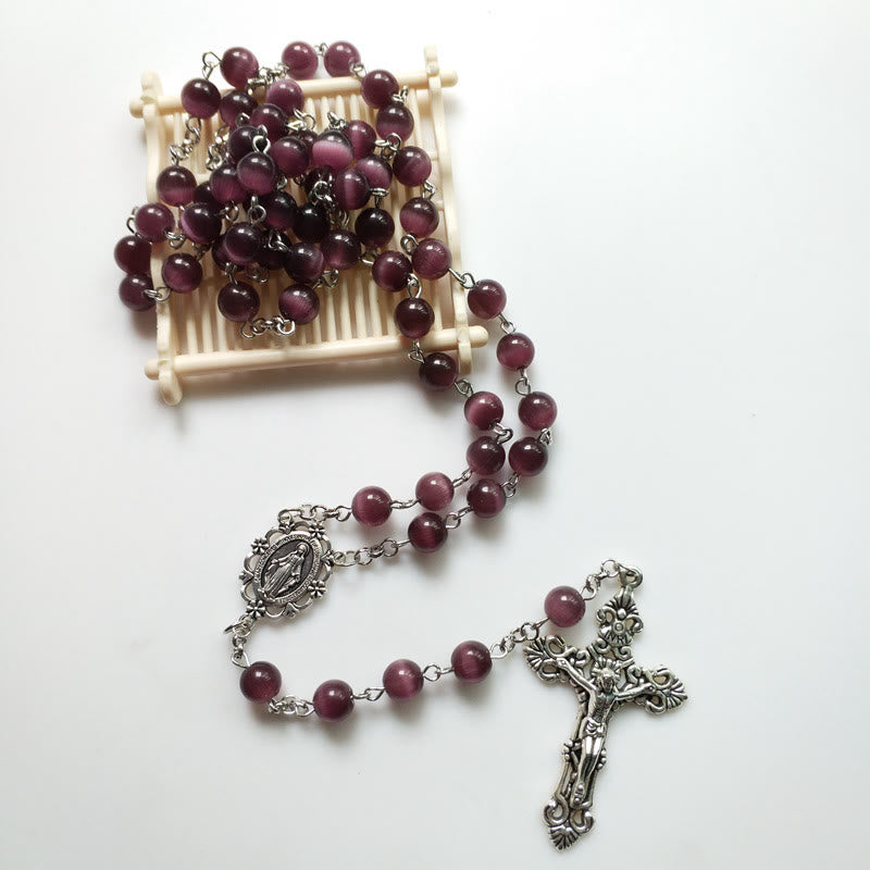 Olivenorma Purple Cat's Eye Stone Silver Cross Rosary Necklace