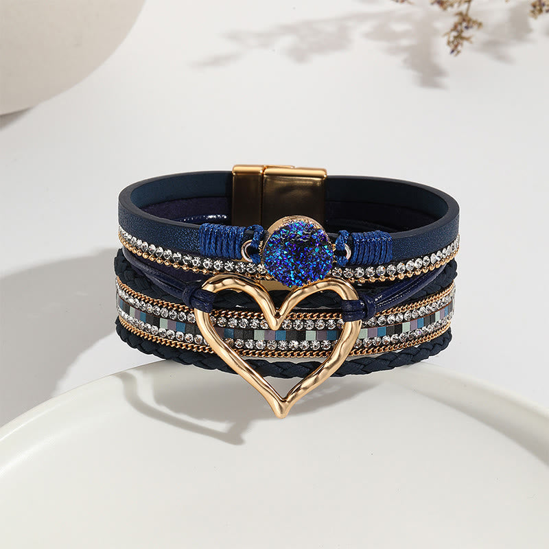 Olivenorma Multicolor Crystal Cluster Metallic Heart Braided Leather Bracelet