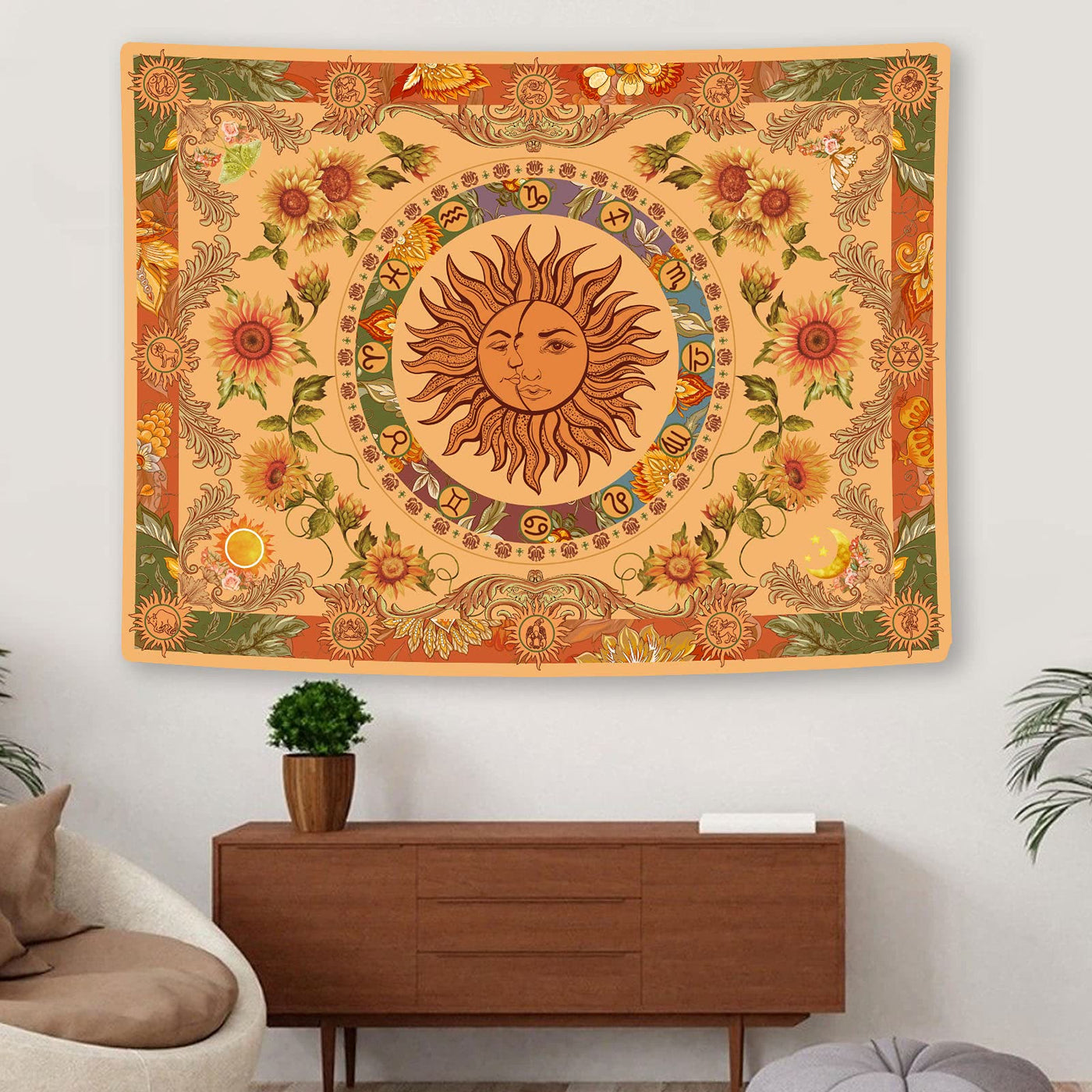 Olivenorma Yellow Orange Sun And Moon Sunflower Tapestry