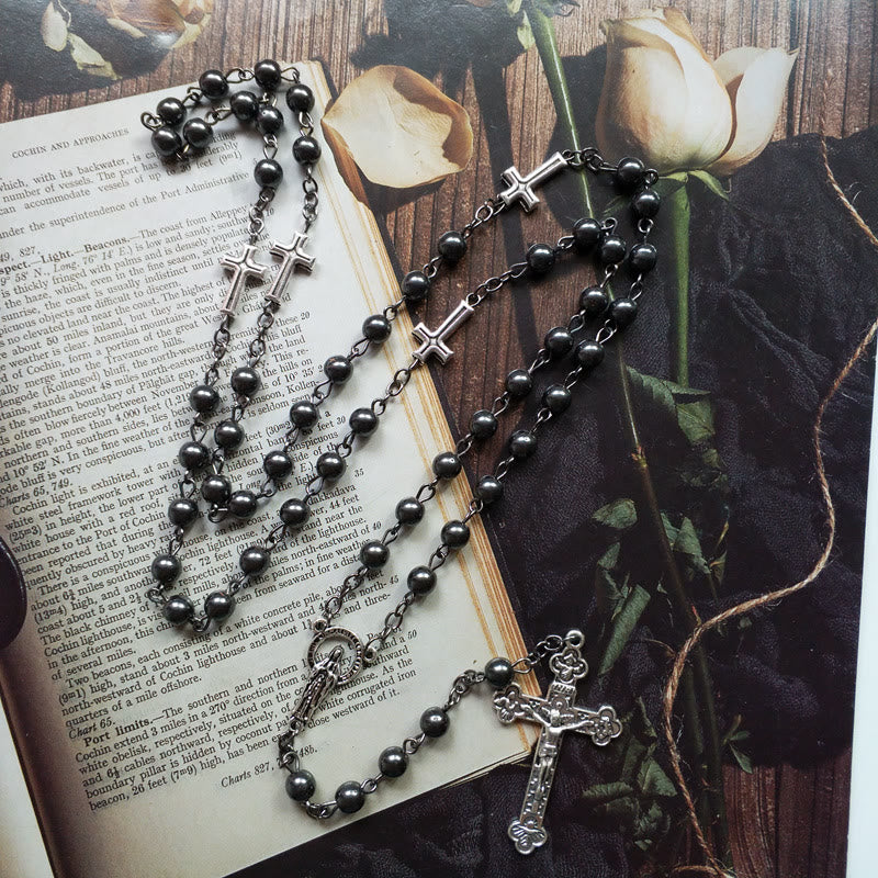 Olivenorma Hematite Jesus Medal Cross Rosary Necklace