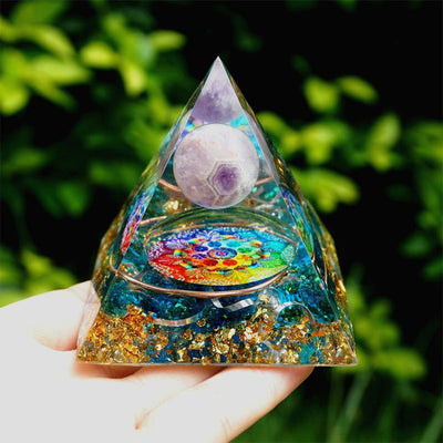 Olivenorma Amethyst Crystal Sphere with Blue Quartz Orgone Pyramid