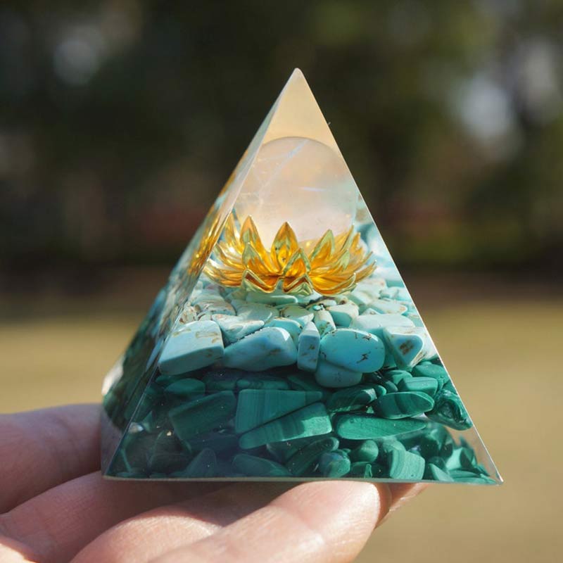 Olivenorma Clear Crystal Turquoise Malachite Lotus Symbol Orgone Pyramid