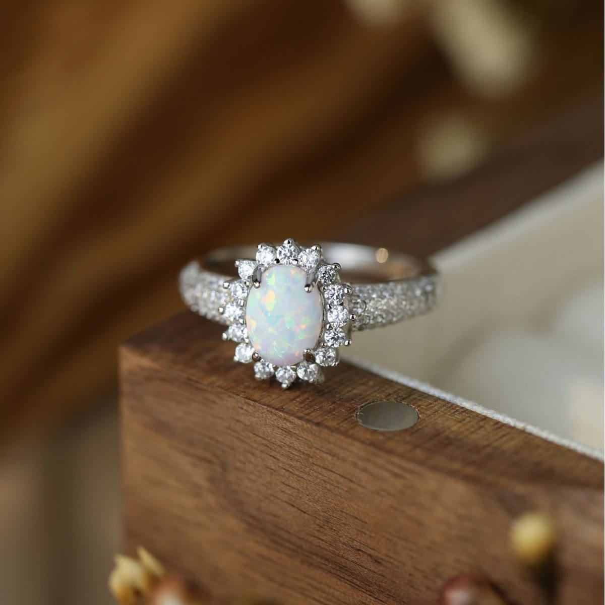 Olivenorma Opal White Zircon Flower Ring