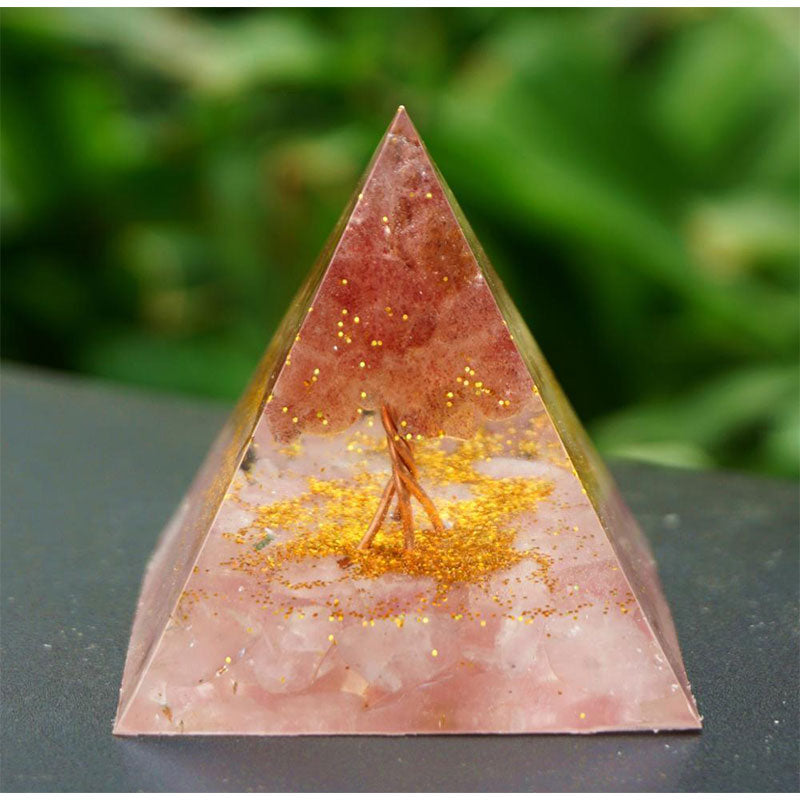 Olivenorma Tree of Life Strawberry Quartz With Rose Quartz Orgone Pyramid