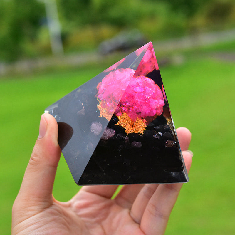 Olivenorma Obsidian with Pink Crystal Healing Orgone Pyramid