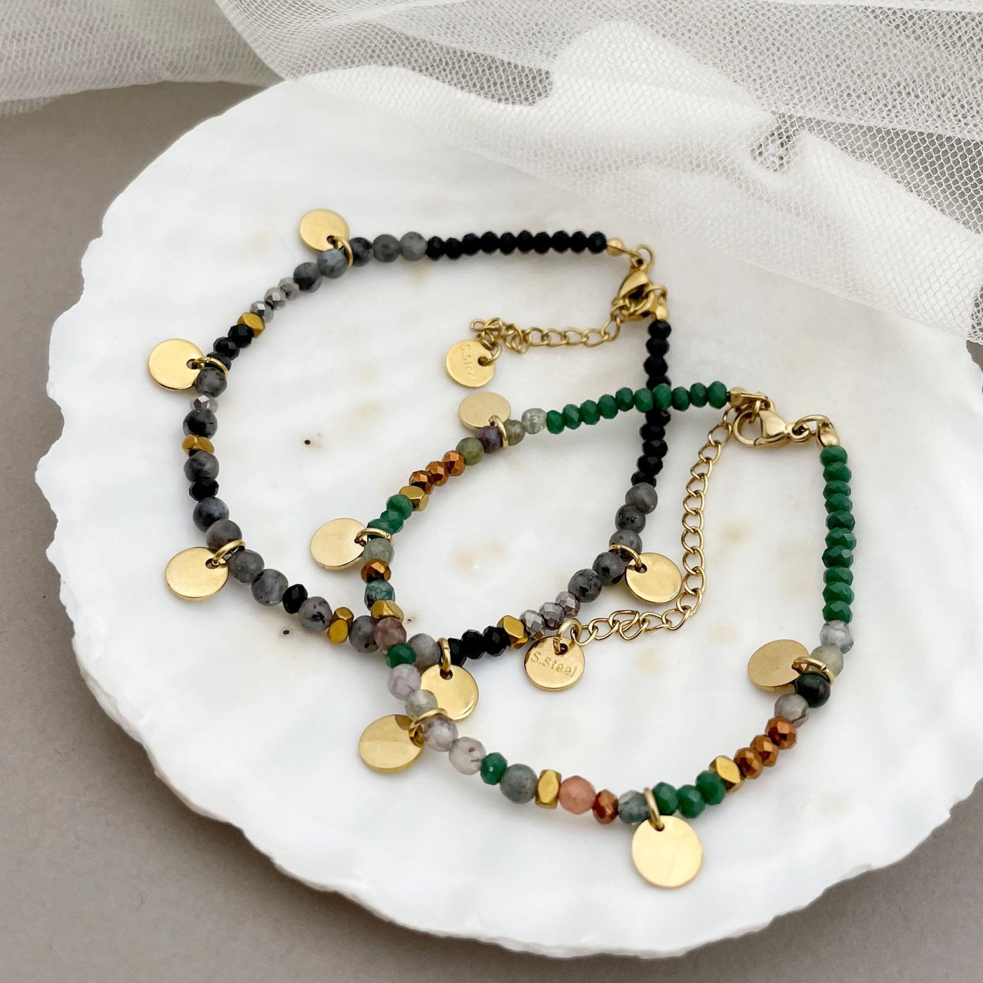 Olivenorma Natural Stone Beaded Titanium Disc Charm Bracelet