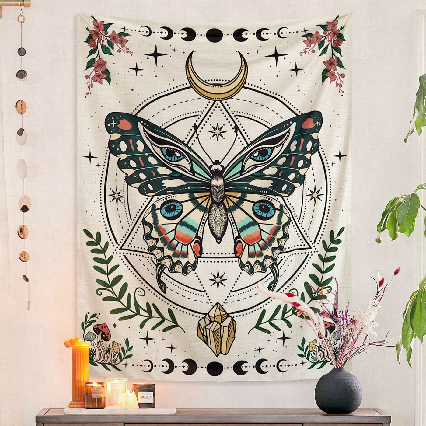 Olivenorma Boho Butterfly Moth Flower Moon Phase Tapestry