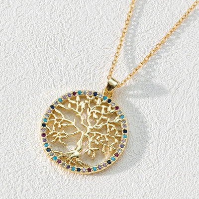 Olivenorma Zircon Round Hollow Tree of Life Pendant Clavicle Necklace