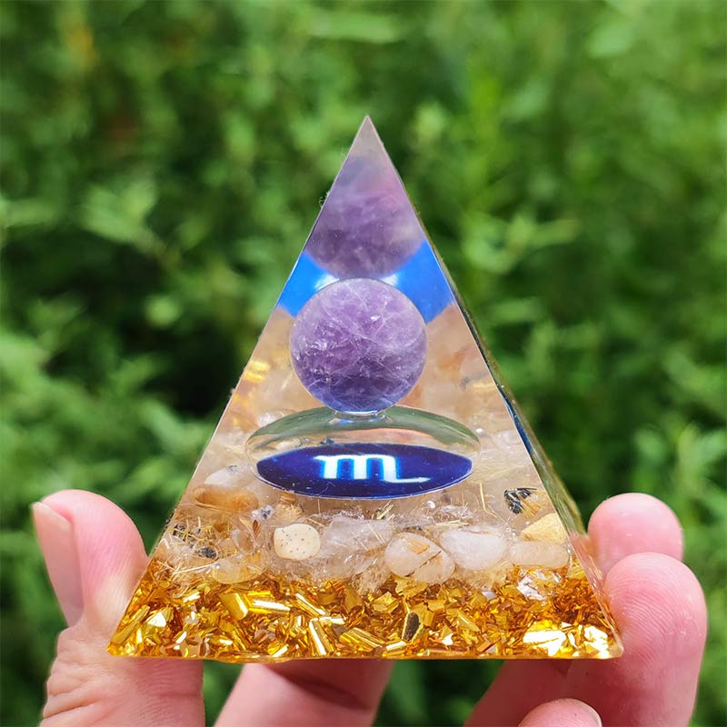 Olivenorma Amethyst with Clear Quartz Scorpio Zodiac Orgone Pyramid