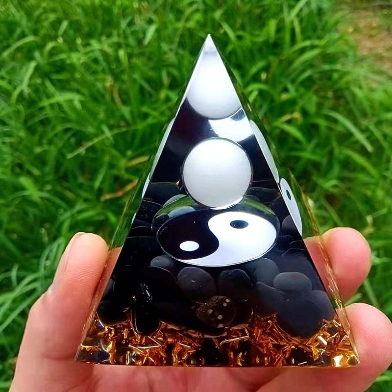 Olivenorma Obsidian with White Jade Healing Orgone Pyramid