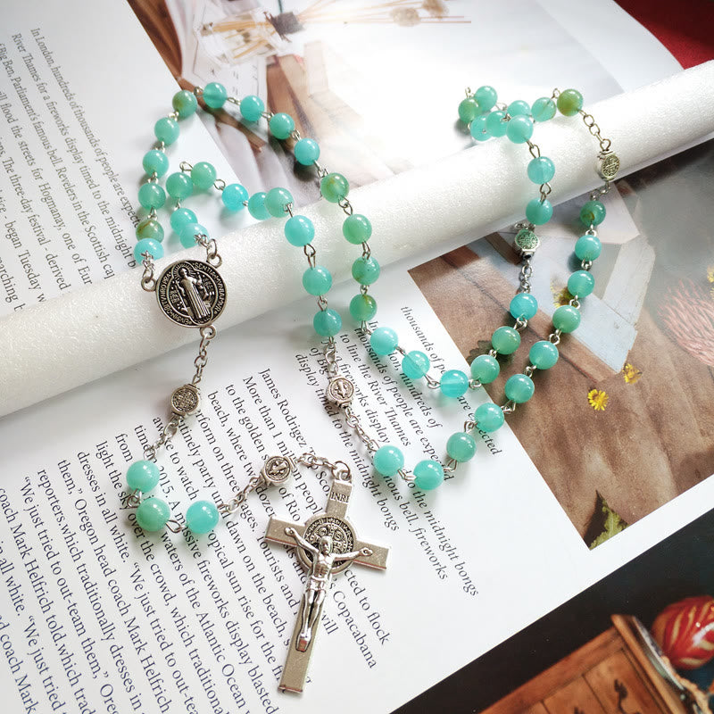 Olivenorma Amazonite Medal Silver Cross Rosary Pendant Necklace