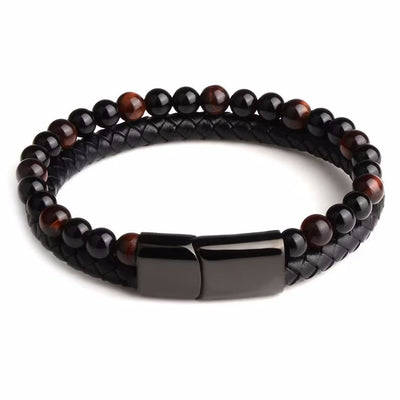 Olivenorma Natural Tiger Eye Leather Rope Double Layer Bracelet