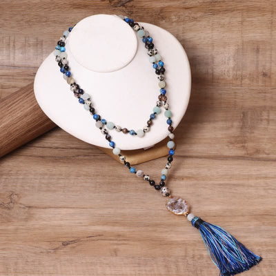 Olivenorma Amazonite Beaded Necklace Tassel Agate Pendant Mala Necklace