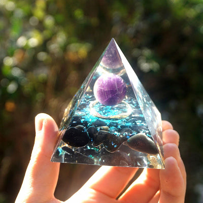 Olivenorma Amethyst Crystal Sphere with Obsidian Orgone Pyramid