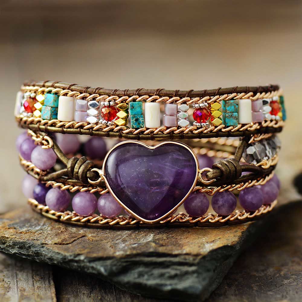 Olivenorma Amethyst Heart Charm Beads Wrap Bracelet