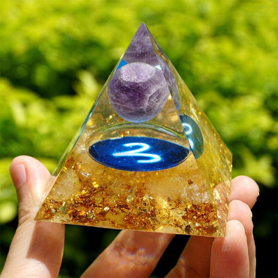 Olivenorma Amethyst with Golden Rutilated Aries Zodiac Orgone Pyramid