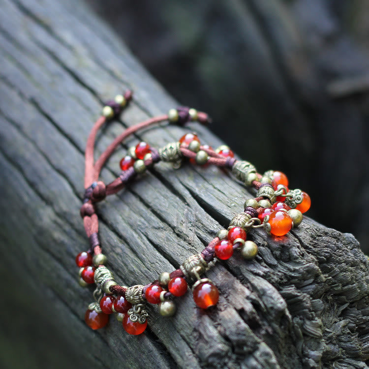 Olivenorma Red Agate Green Jade Woven Bead Anklet Bracelet