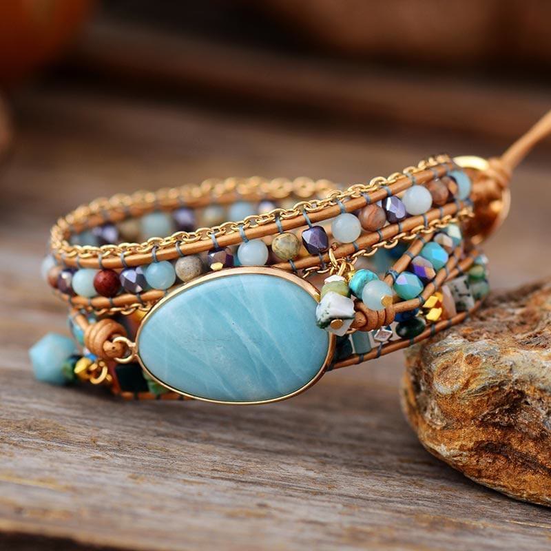 Natural Amazonite Handwoven Leather Wrap Bracelet