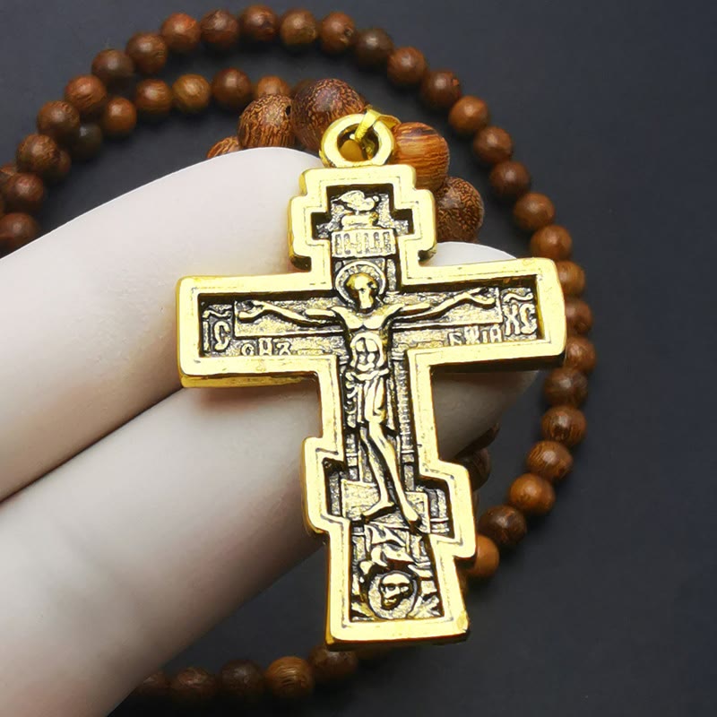 Olivenorma Cross Pendant Wooden Beads Rosary Necklace