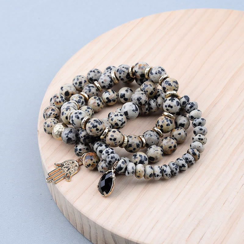 Olivenorma Natural Dalmatian Jasper Obsidian Hamsa Pendant Bracelet