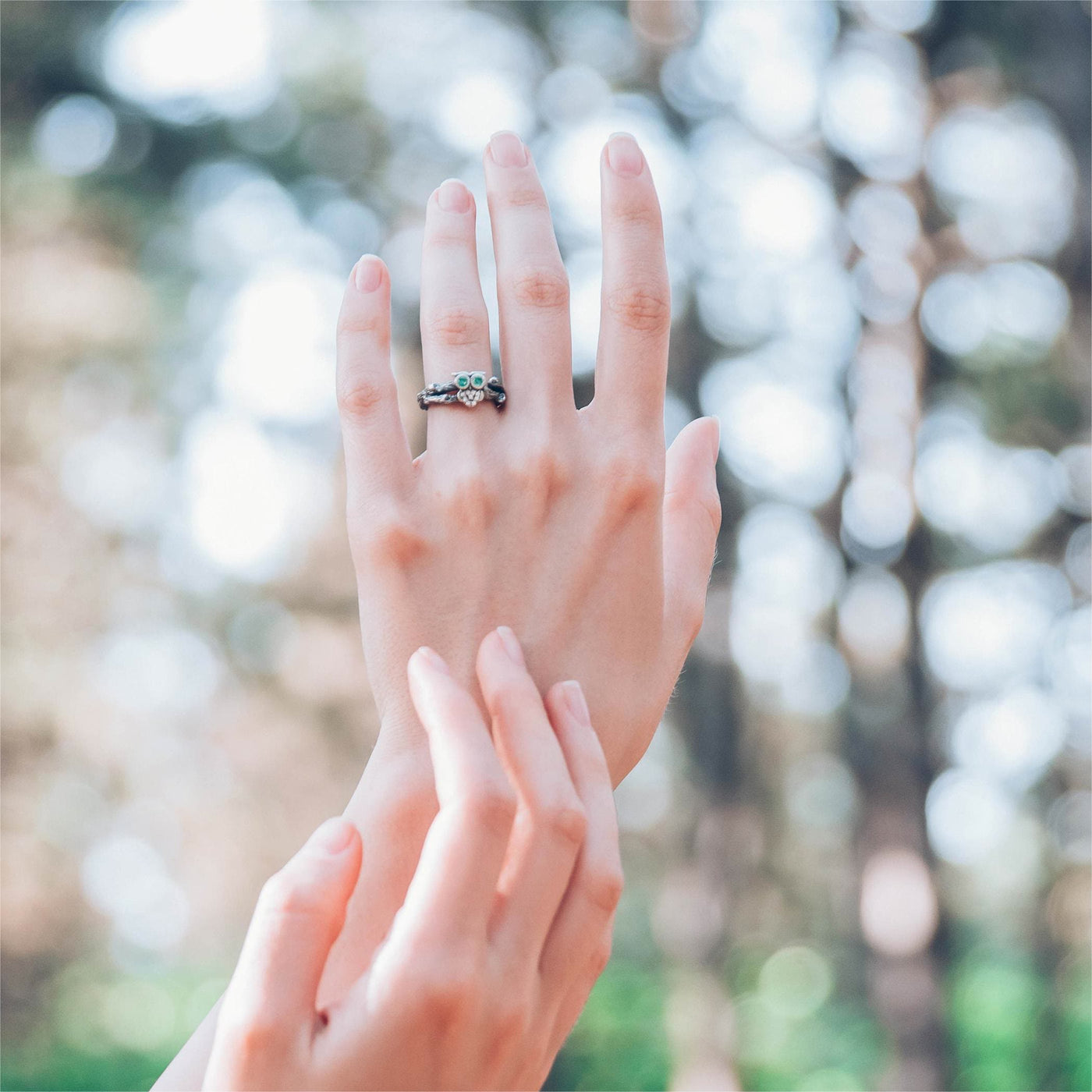 Olivenorma Emerald Owl On The Branch Silver Engagement Ring