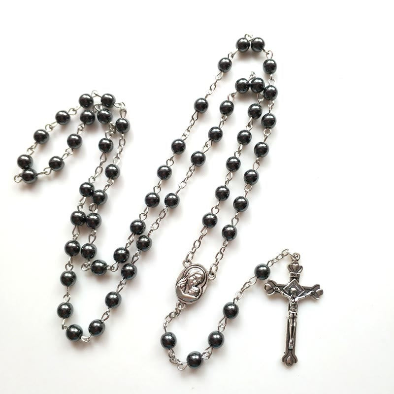 Olivenorma Hematite Holy Medal Cross Pendant Rosary Necklace