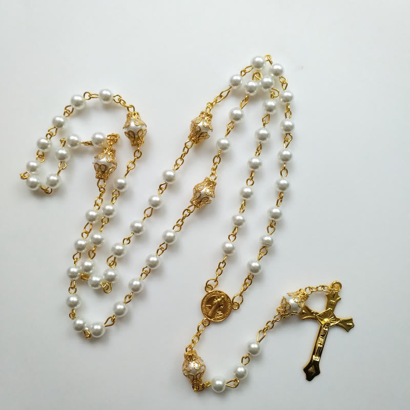 Olivenorma Faux Pearl Cross Pendant Rosary Beads Necklace